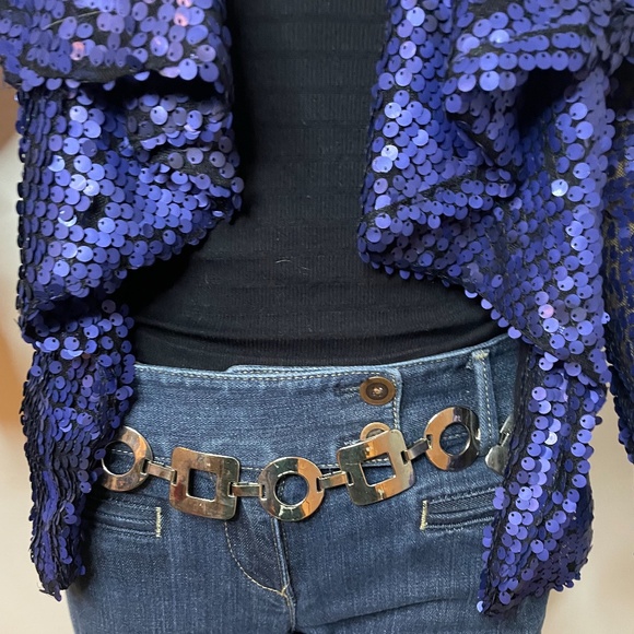 Vintage royal blue sequin layered shawl sweater jacket w ruffles in front 👑 - Picture 6 of 15